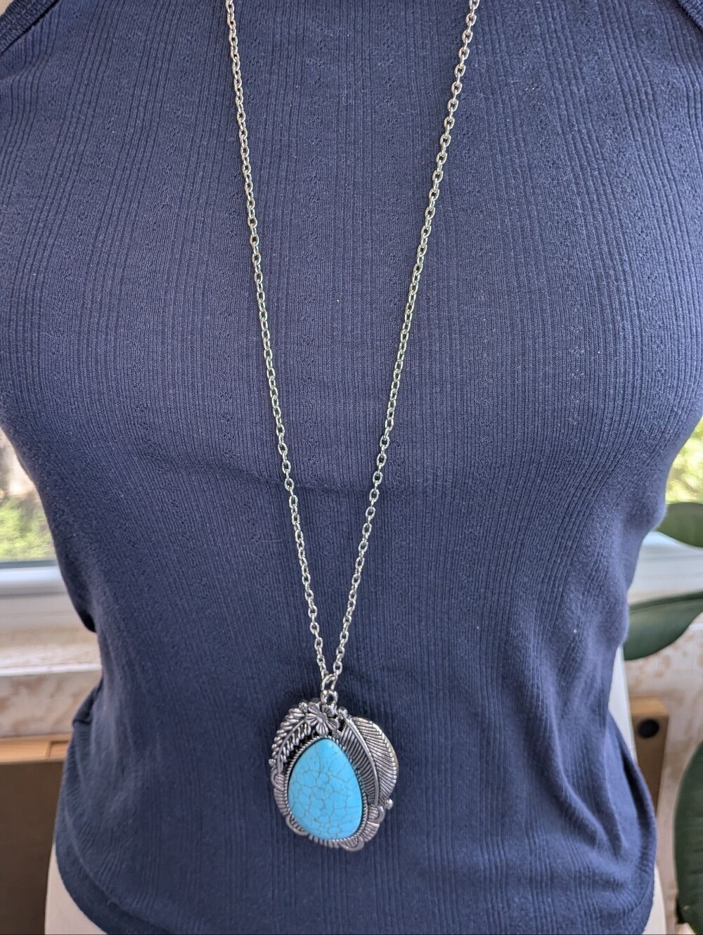 Western Silver Tone Faux Turquoise Teardrop Floral Feather Statement Pendant